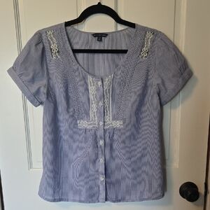 American Eagle Outfitters Blue and White Embellished Short Sleeve Blouse